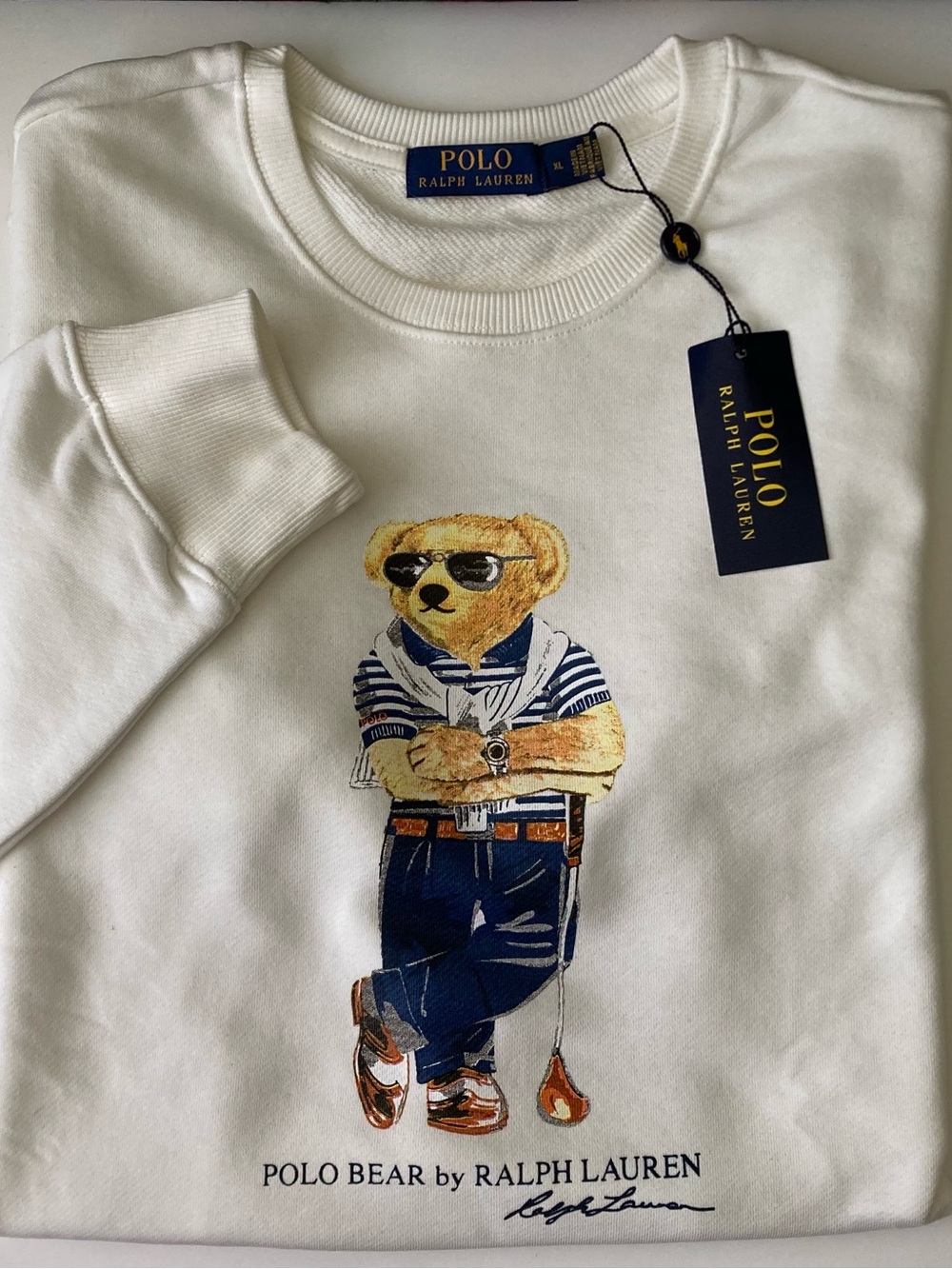 Polo Golf Bear Ralph Lauren Sweatshirt White Cotton Long Sleeve XL Crewneck